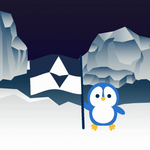 A Blue And White Penguin Stands Next To A Flag With A Triangle On It GIF