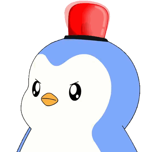 a blue and white penguin with a red light on its head