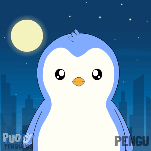 A Blue And White Penguin With A Yellow Beak Is Standing In Front Of A Full Moon GIF