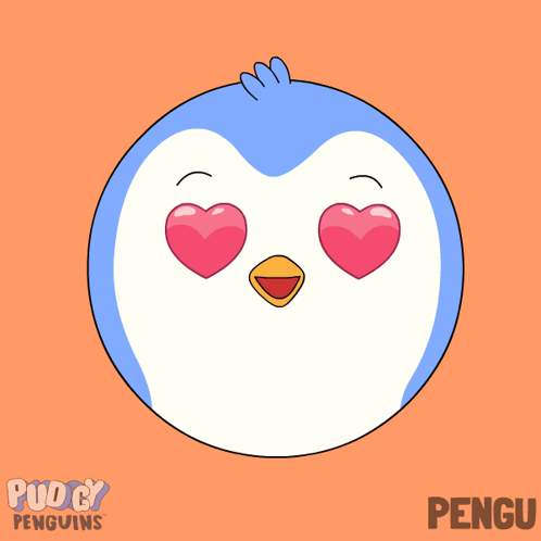 A Blue And White Penguin With Heart Shaped Eyes And The Name Pengu On The Bottom GIF