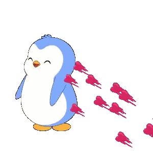a blue and white penguin with hearts coming out of its ear