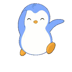 a blue and white penguin with orange feet is waving its hand