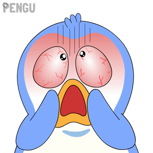 A Blue And White Penguin With Red Eyes And The Word Pengu Written Above It GIF