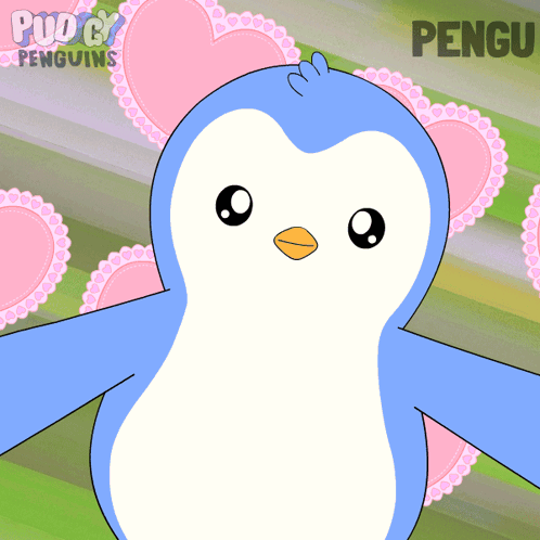 A Blue And White Penguin With The Name Pengu On The Bottom Right GIF