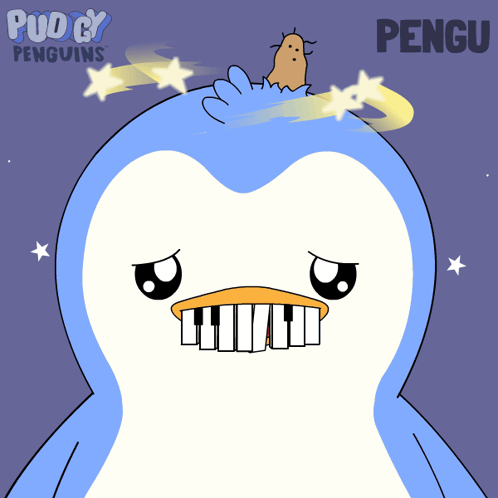 a blue and white penguin with the name pengu on the bottom right