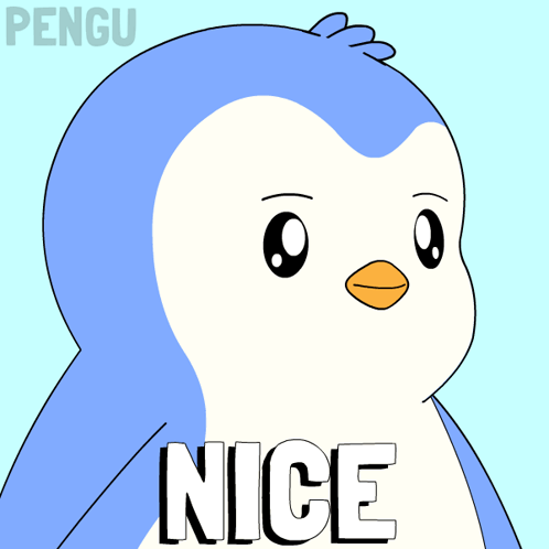 a blue and white penguin with the word nice written on it