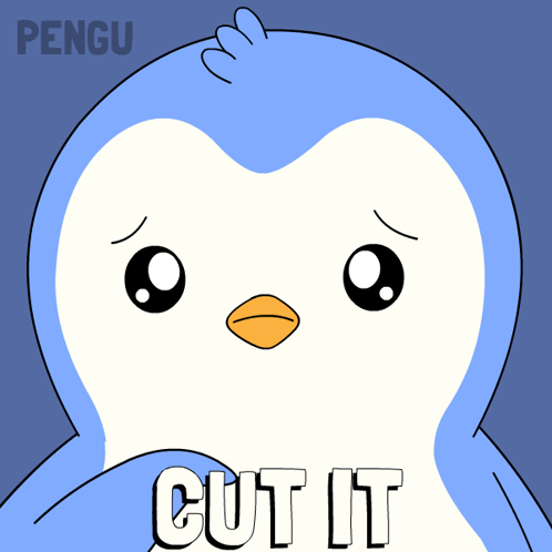A Blue And White Penguin With The Words Cut It Written Below It GIF