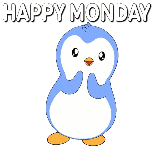 a blue and white penguin with the words happy monday behind it