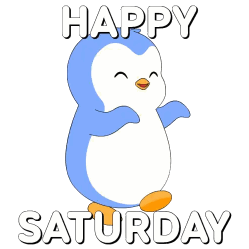 a blue and white penguin with the words happy saturday written below it