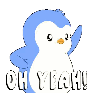 a blue and white penguin with the words oh yeah on it