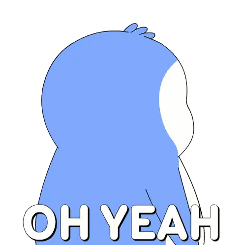 a blue and white penguin with the words oh yeah written below it