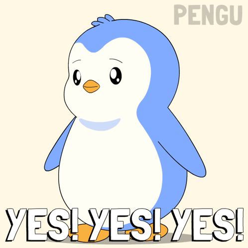A Blue And White Penguin With The Words Yes Yes Yes On The Bottom GIF