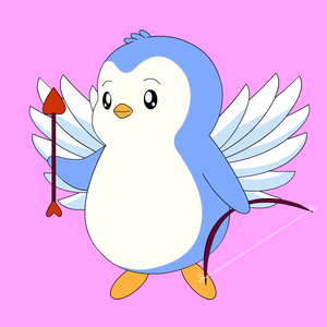 A Blue And White Penguin With Wings Is Holding A Red Heart Shaped Arrow GIF