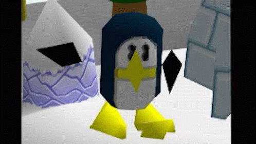 A Blue And White Penguin With Yellow Feet And A Diamond On Its Head GIF