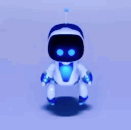 a blue and white robot is dancing on a blue background .