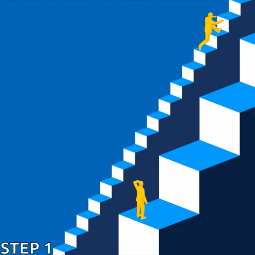 A Blue And White Staircase With The Words Small Steps Forward Step 1 Below It GIF