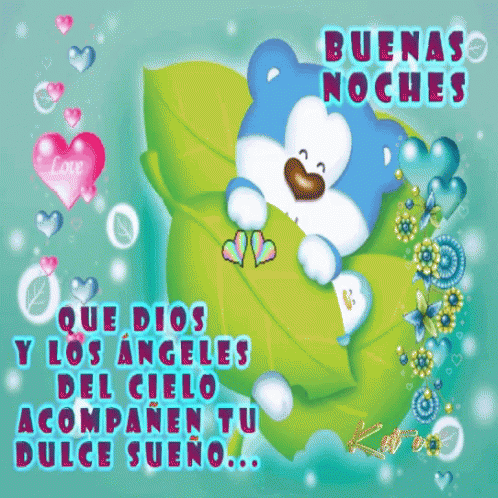 A Blue And White Teddy Bear Laying On A Green Leaf With The Words Buenas Noches In The Background GIF