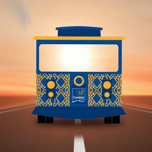 A Blue And Yellow Bus That Says Centier Bank On It GIF