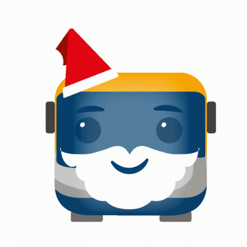 A Blue And Yellow Bus With A Santa Hat On GIF