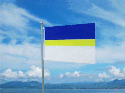 A Blue And Yellow Flag Is Flying In The Wind Over A Body Of Water GIF