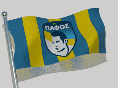 A Blue And Yellow Flag With A Man 'S Face And The Word Pafos GIF