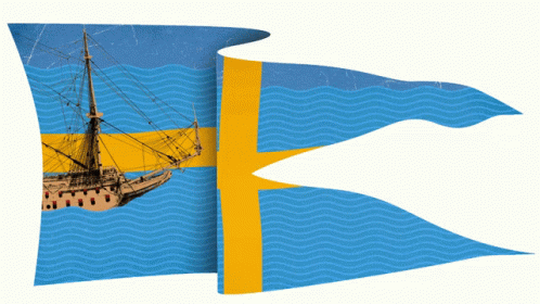 A Blue And Yellow Flag With A Ship In The Background GIF