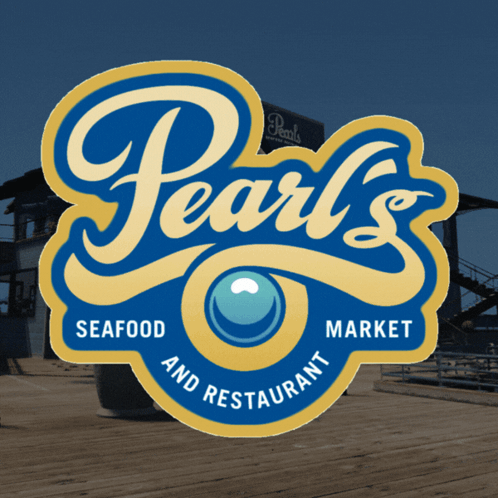 A Blue And Yellow Logo For Pearl 'S Seafood Market GIF