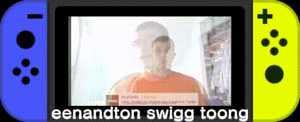 A Blue And Yellow Nintendo Switch With The Words Eenandton Swigg Toong On The Screen GIF