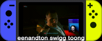 A Blue And Yellow Nintendo Switch With The Words Eenandton Swigg Toong On The Screen GIF