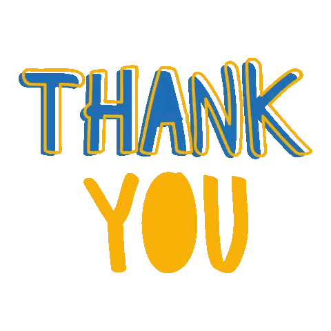 a blue and yellow thank you sign with a white background