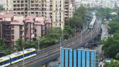A Blue And Yellow Train With The Letter T On The Side GIF