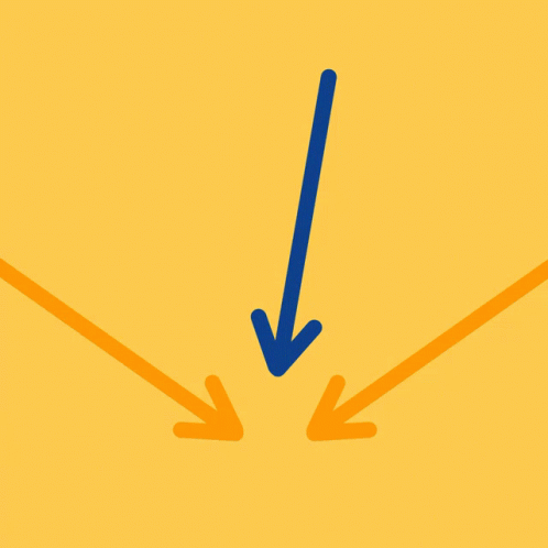 A Blue Arrow Pointing Down Is Surrounded By Orange Arrows On A Yellow Background GIF