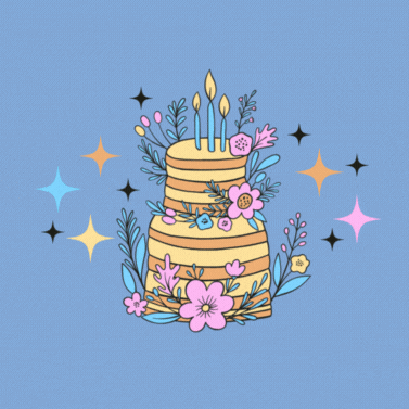 A Blue Background With A Birthday Cake And The Words " Happy Birthday " GIF