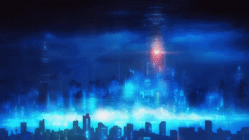A Blue Background With A City In The Foreground And A Red Light In The Background GIF