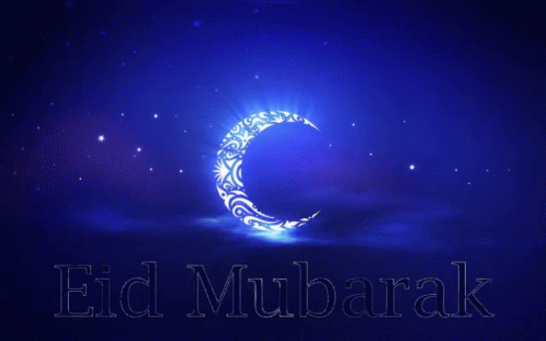 a blue background with a crescent moon and the words eid mubarak in white