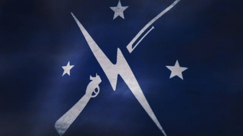 A Blue Background With A Crossed Sword And Two Stars On It GIF