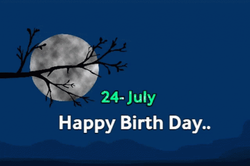 A Blue Background With A Tree Branch In Front Of A Full Moon And The Text Happy Birth Day GIF