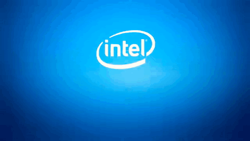 a blue background with a white intel logo on it