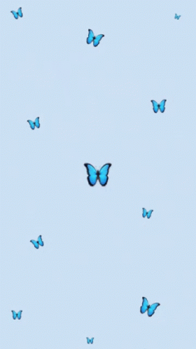 A Blue Background With Blue Butterflies Flying In The Air GIF