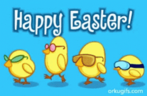 A Blue Background With Chicks Wearing Sunglasses And The Words Happy Easter GIF