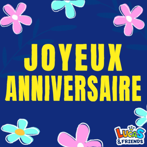 A Blue Background With Flowers And The Words Joyeux Anniversaire In Yellow Letters GIF