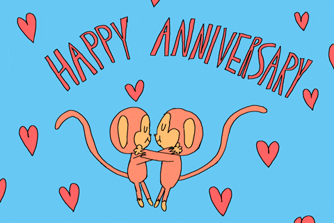 A Blue Background With Hearts And The Words Happy Anniversary GIF