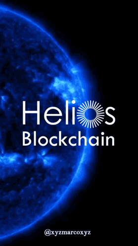 A Blue Background With Helios Blockchain Written In White Letters GIF