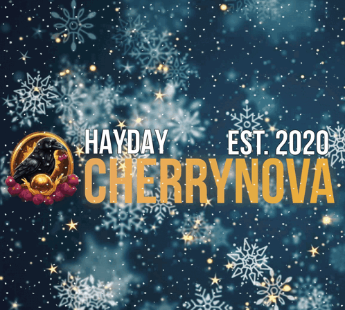 A Blue Background With Snowflakes And Hayday Cherrynova GIF