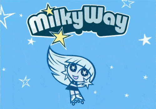 A Blue Background With The Milky Way Logo And A Cartoon Girl On Roller Skates GIF