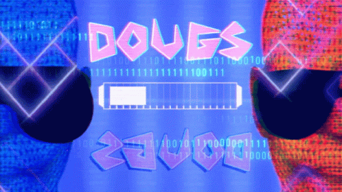 A Blue Background With The Word Dougs In Pink Letters GIF