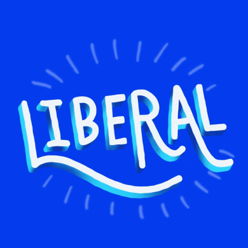A Blue Background With The Word Liberal Written In White Letters GIF