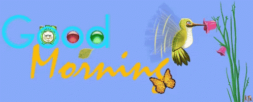 A Blue Background With The Words Good Morning And A Bird GIF