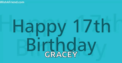 A Blue Background With The Words Happy 17Th Birthday Gracey Written On It GIF