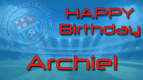A Blue Background With The Words Happy Birthday Archie GIF